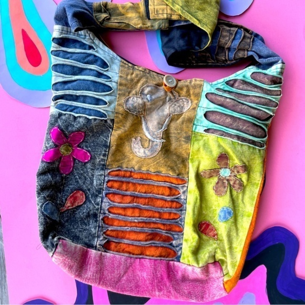 Boho Patchwork Hippie Sling Bag w/ Elephant & Peace Sign